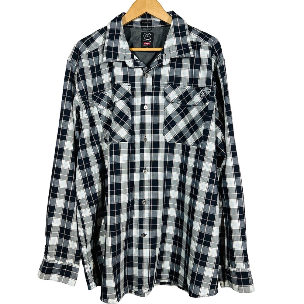 Wrangler Button Up Shirt Long Sleeve Casual Plaid Blue - XXL